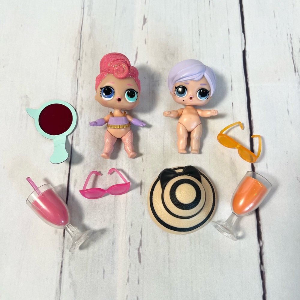 LOL Surprise Doll Lot of 2 Lil Vacay Babay Glitter Pink Hair with Accessories